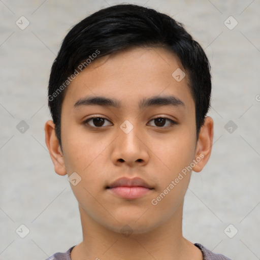 Neutral asian young-adult male with short  black hair and brown eyes