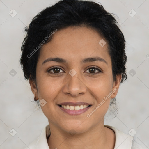 Joyful latino young-adult female with short  brown hair and brown eyes