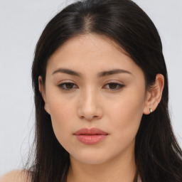 Neutral asian young-adult female with long  brown hair and brown eyes