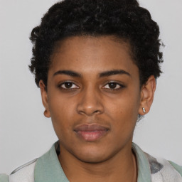 Neutral black young-adult female with short  brown hair and brown eyes