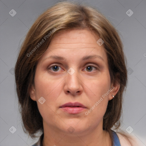 Neutral white adult female with medium  brown hair and brown eyes