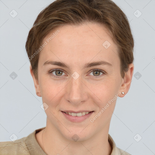 Joyful white young-adult female with short  brown hair and grey eyes