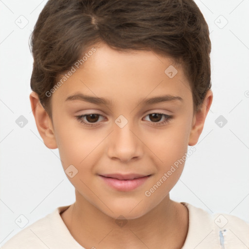 Joyful white child female with short  brown hair and brown eyes