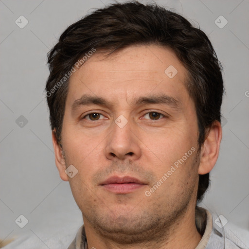 Neutral white adult male with short  brown hair and brown eyes