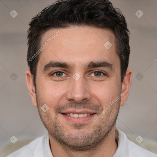 Joyful white young-adult male with short  brown hair and brown eyes