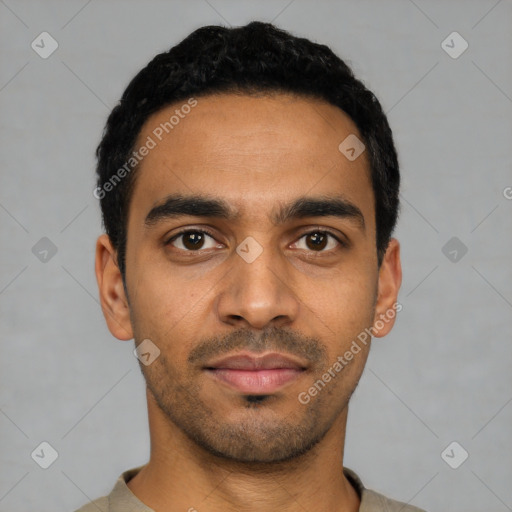 Neutral latino young-adult male with short  black hair and brown eyes