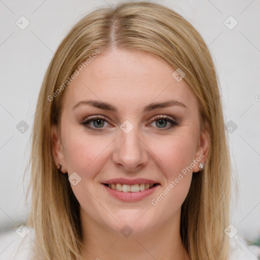 Joyful white young-adult female with long  brown hair and green eyes