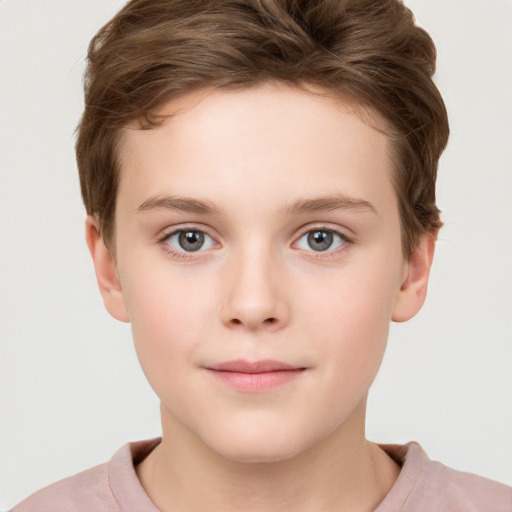 Neutral white child female with short  brown hair and grey eyes