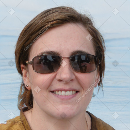 Joyful white young-adult female with medium  brown hair and blue eyes