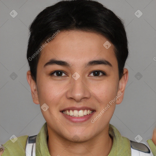 Joyful latino young-adult female with short  brown hair and brown eyes