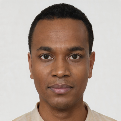 Neutral black young-adult male with short  black hair and brown eyes