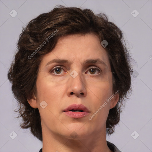 Neutral white adult female with medium  brown hair and brown eyes