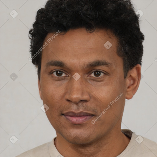Neutral black adult male with short  brown hair and brown eyes