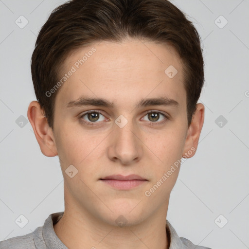 Neutral white young-adult male with short  brown hair and brown eyes