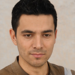 Neutral asian young-adult male with short  black hair and brown eyes