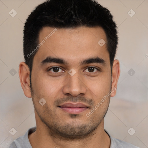 Joyful latino young-adult male with short  black hair and brown eyes