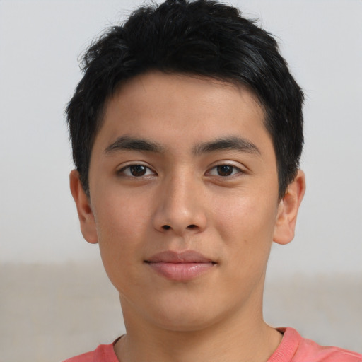 Neutral asian young-adult male with short  brown hair and brown eyes