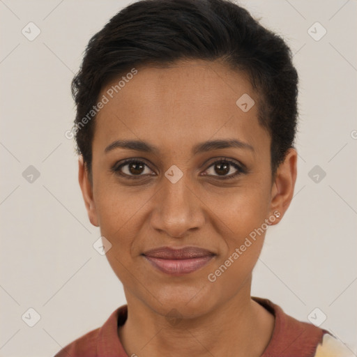 Joyful black adult female with short  brown hair and brown eyes