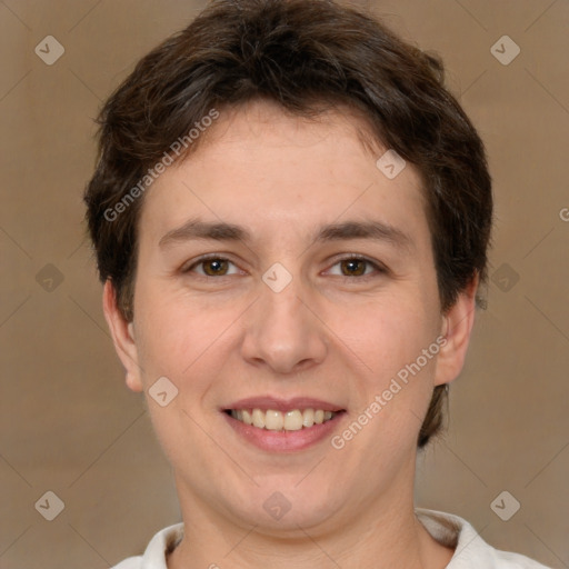 Joyful white young-adult female with short  brown hair and brown eyes