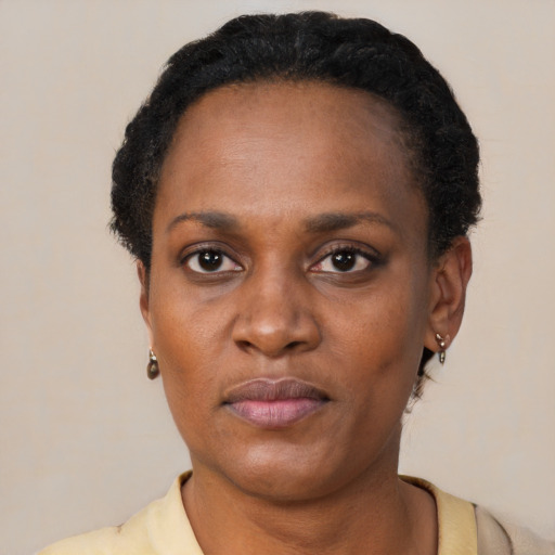 Neutral black adult female with short  black hair and brown eyes