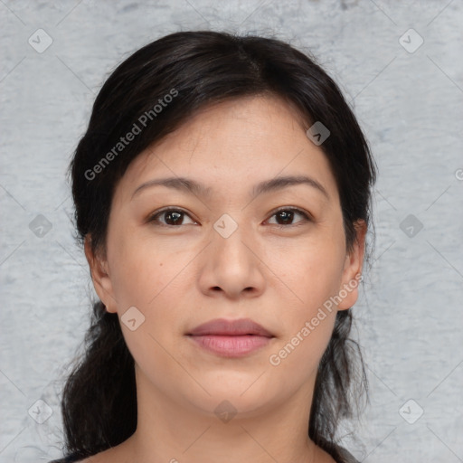 Joyful white young-adult female with medium  brown hair and brown eyes