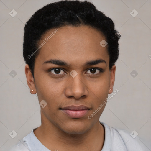 Neutral latino young-adult male with short  black hair and brown eyes