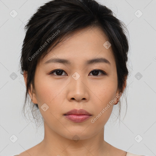 Neutral asian young-adult female with medium  brown hair and brown eyes