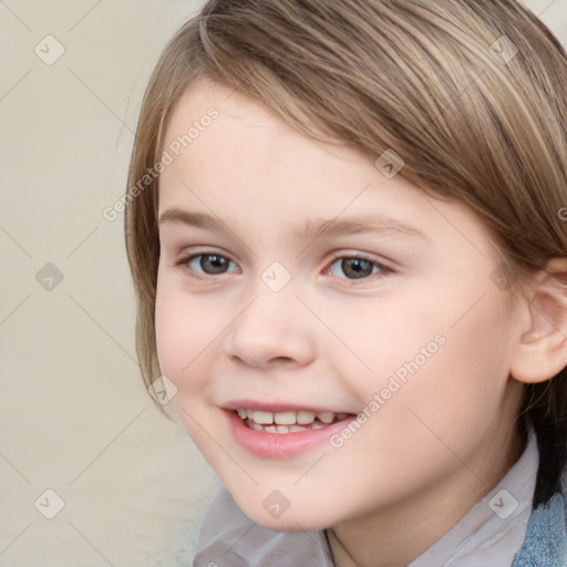 Joyful white child female with medium  brown hair and brown eyes