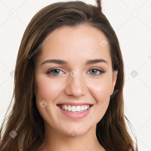 Joyful white young-adult female with long  brown hair and grey eyes