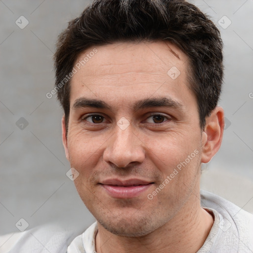 Joyful white young-adult male with short  brown hair and brown eyes