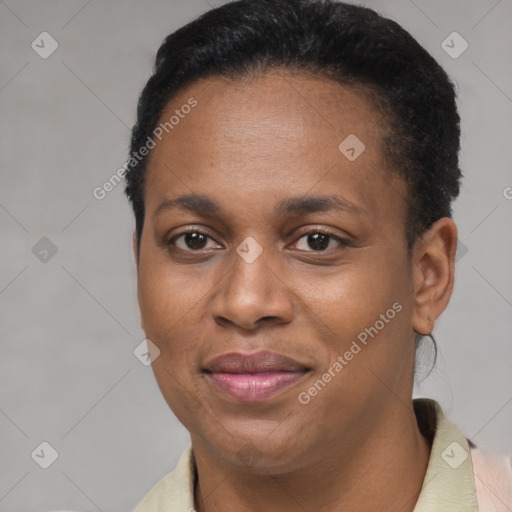 Joyful black young-adult female with short  brown hair and brown eyes