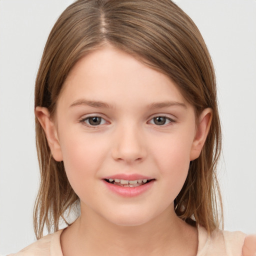 Joyful white child female with medium  brown hair and brown eyes