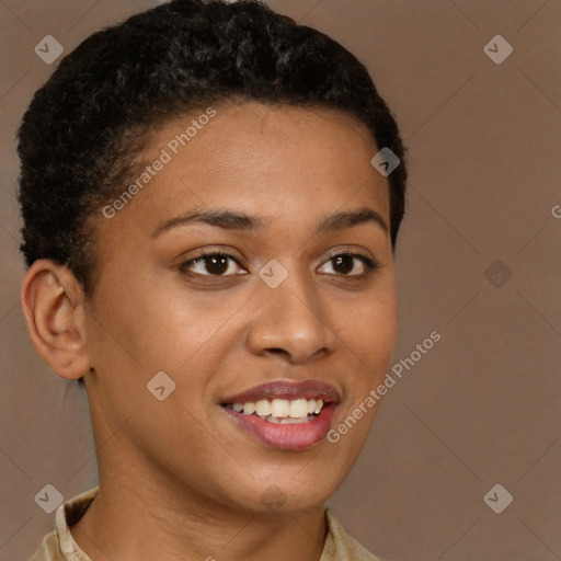 Joyful black young-adult female with short  brown hair and brown eyes