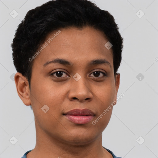 Joyful latino young-adult female with short  brown hair and brown eyes