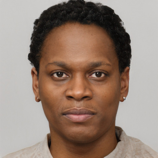 Neutral black young-adult female with short  brown hair and brown eyes