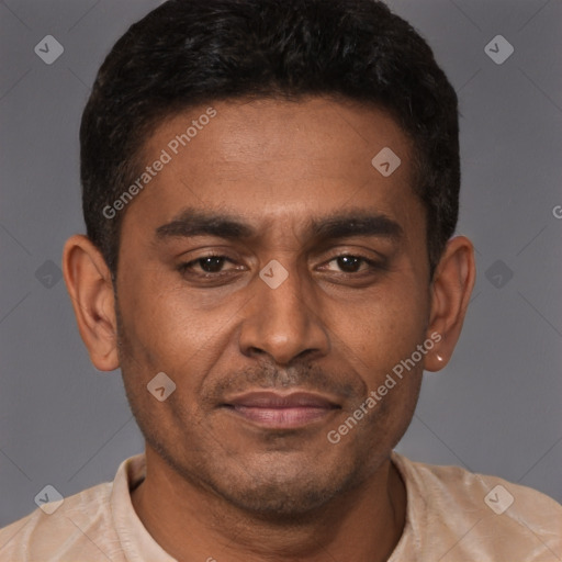 Joyful latino young-adult male with short  brown hair and brown eyes