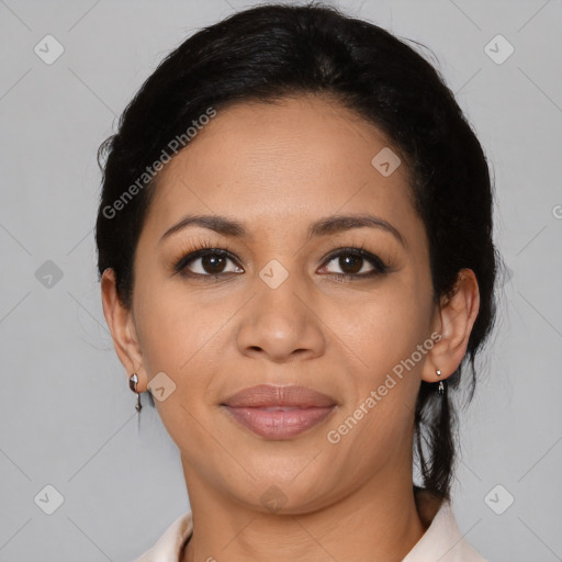 Joyful latino young-adult female with medium  black hair and brown eyes