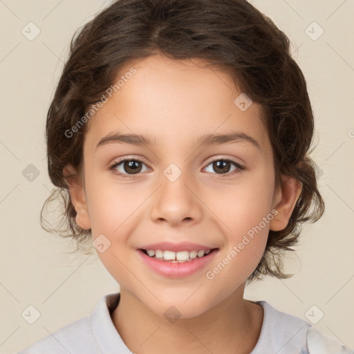 Joyful white child female with medium  brown hair and brown eyes