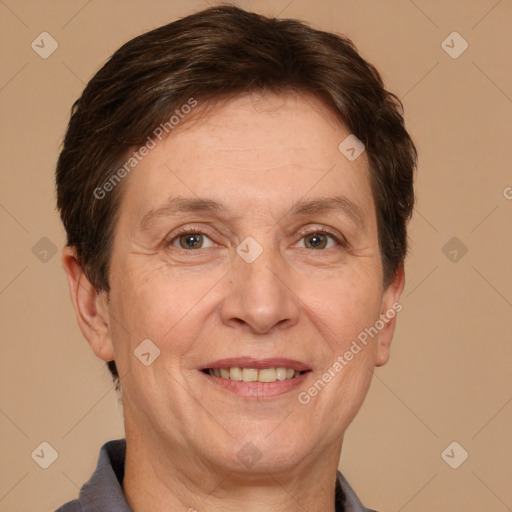 Joyful white adult female with short  brown hair and brown eyes