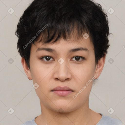 Neutral asian young-adult female with short  black hair and brown eyes