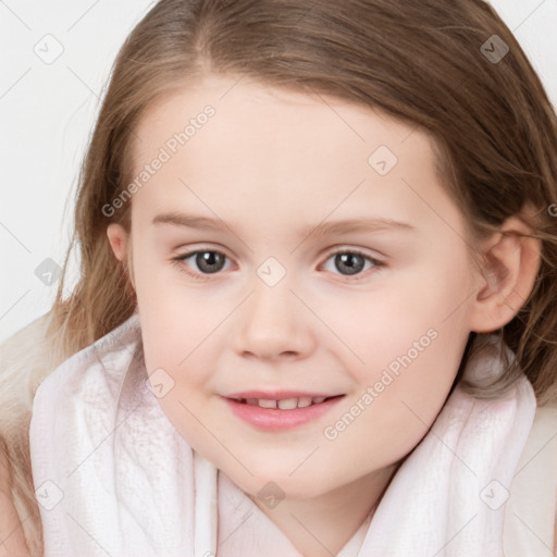 Joyful white child female with medium  brown hair and grey eyes