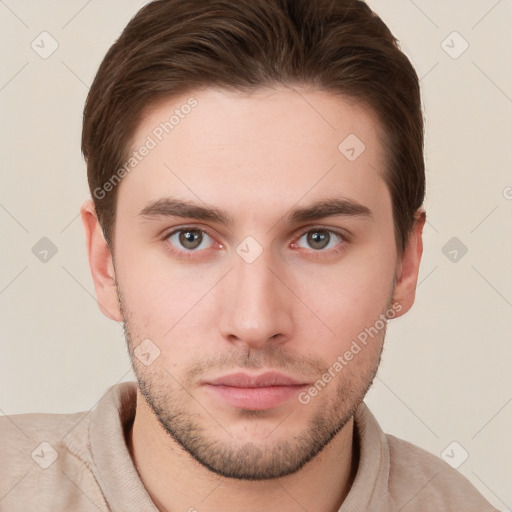 Neutral white young-adult male with short  brown hair and grey eyes