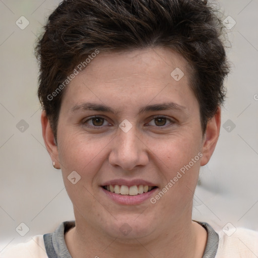 Joyful white young-adult female with short  brown hair and brown eyes