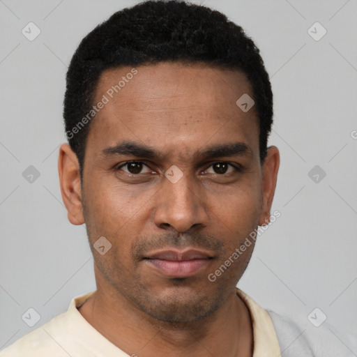 Neutral latino young-adult male with short  black hair and brown eyes