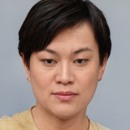 Joyful asian young-adult female with short  brown hair and brown eyes