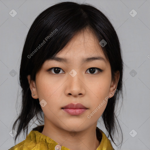 Neutral asian young-adult female with medium  black hair and brown eyes