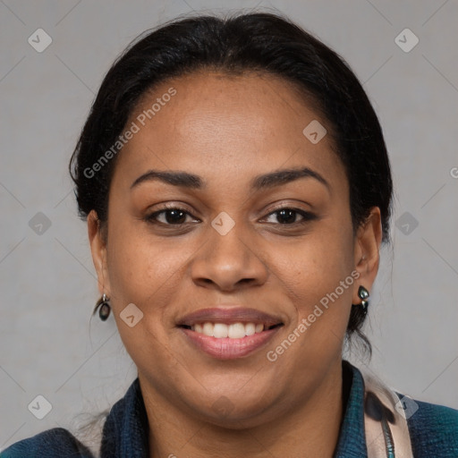 Joyful latino young-adult female with medium  brown hair and brown eyes