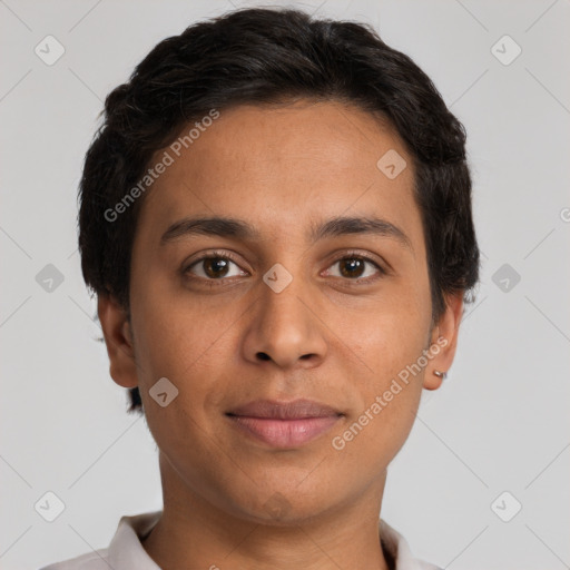 Joyful white young-adult female with short  brown hair and brown eyes