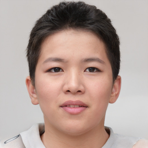 Neutral asian young-adult female with short  brown hair and brown eyes
