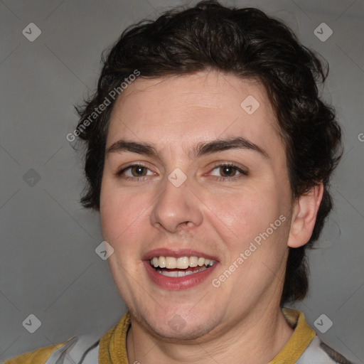 Joyful white young-adult male with medium  brown hair and brown eyes